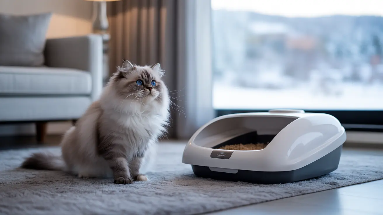 A fluffy Ragdoll cat sitting beside a modern litter box near a window in a minimalist living room.