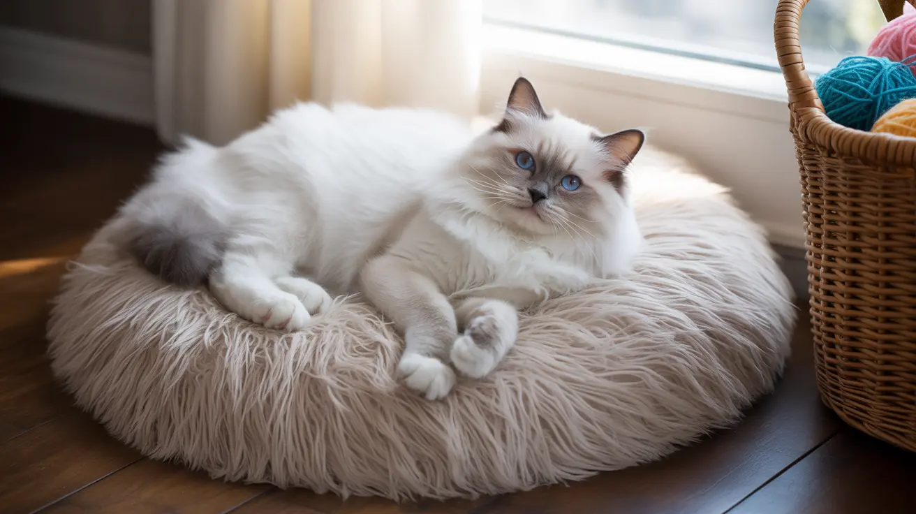 A fluffy white Ragdoll cat lounging on a soft, shaggy beige pet bed near a window.