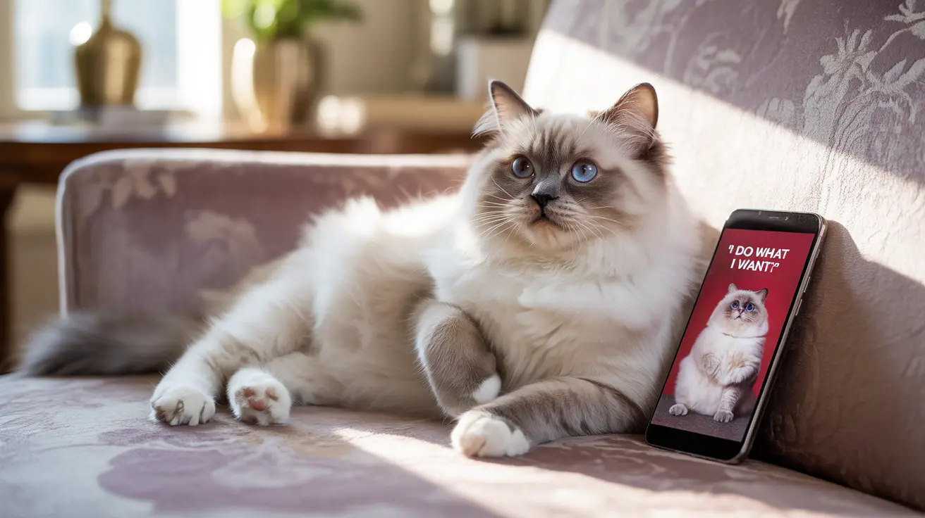 Fluffy white and gray Ragdoll cat lounging on a couch with a smartphone displaying its own image