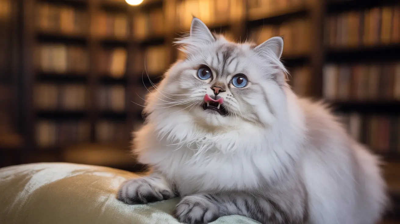A fluffy white Ragdoll cat with blue eyes sitting on a cushioned surface, looking playful with its tongue slightly out.