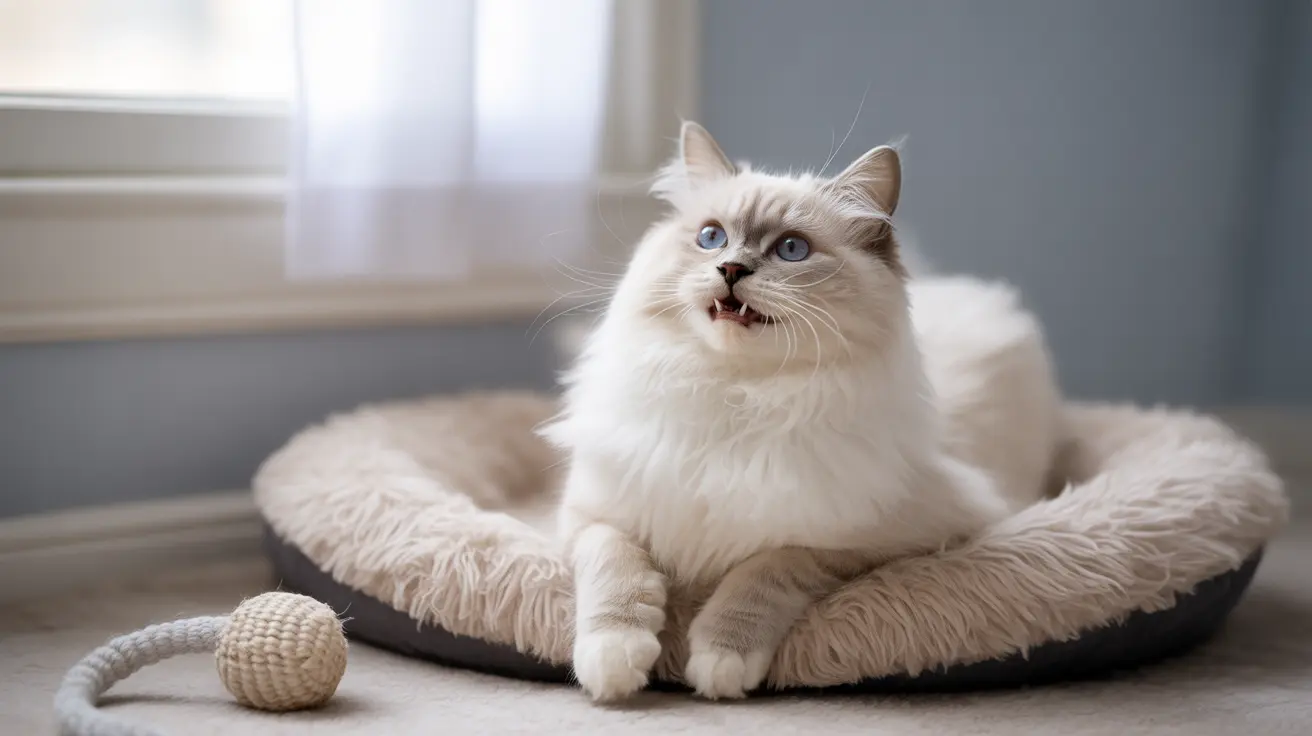 ふわふわで白いラグドールの猫が柔らかいペットベッドの上に座り、遊び心のある表情をしている