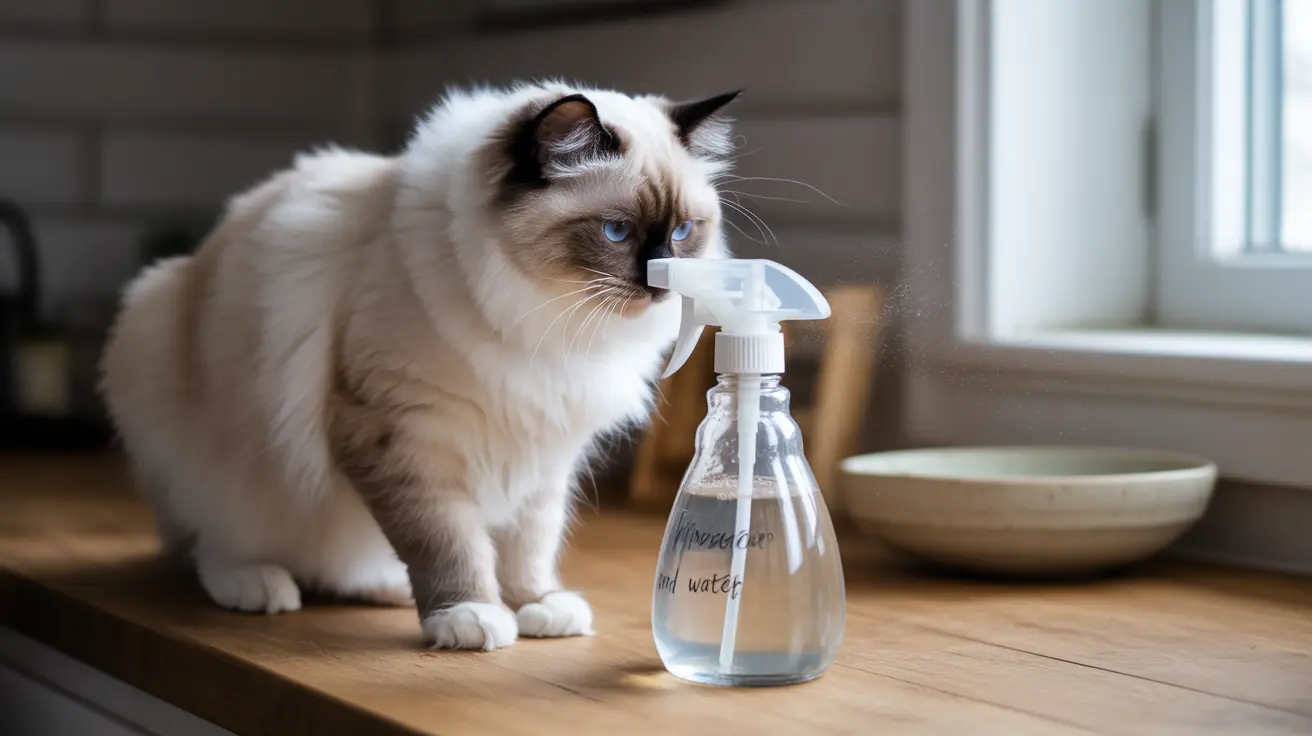 A fluffy Ragdoll cat sitting next to a spray bottle on a wooden surface near a window