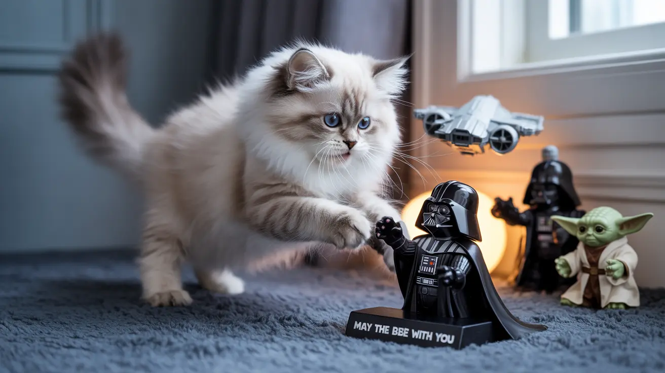 A fluffy white Ragdoll cat sitting near Star Wars figurines with a playful pose