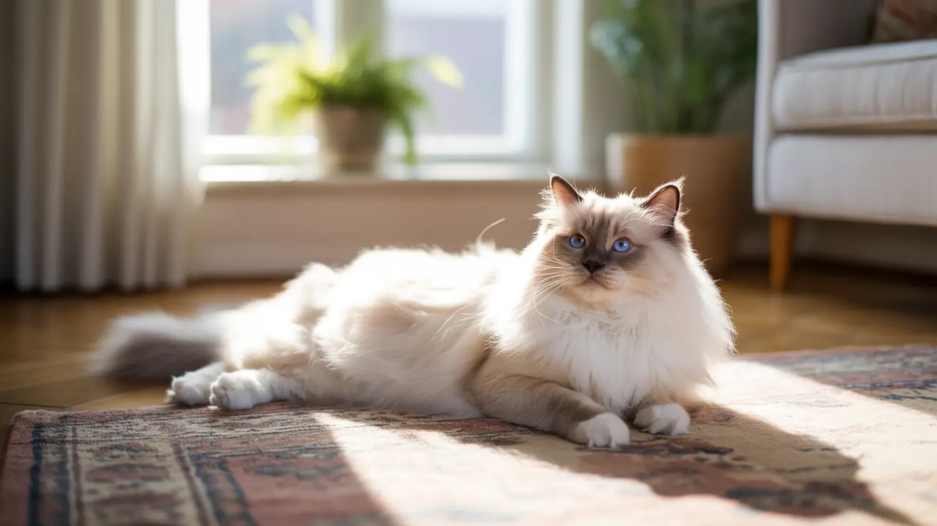 A fluffy white and cream Ragdoll cat with striking blue eyes resting on a patterned rug near a sunny window