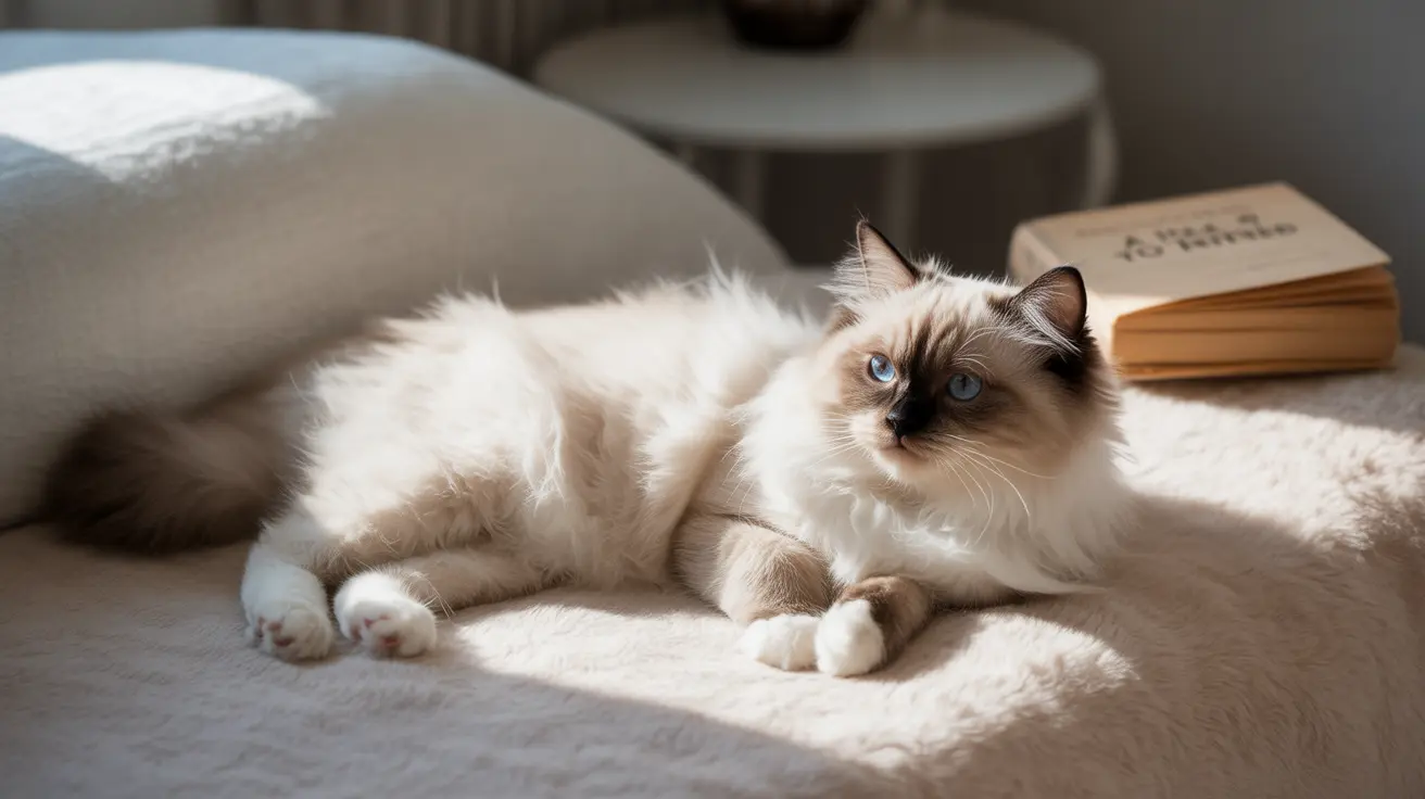 Fluffy white and cream Ragdoll cat lounging in a warm sunbeam on a soft surface