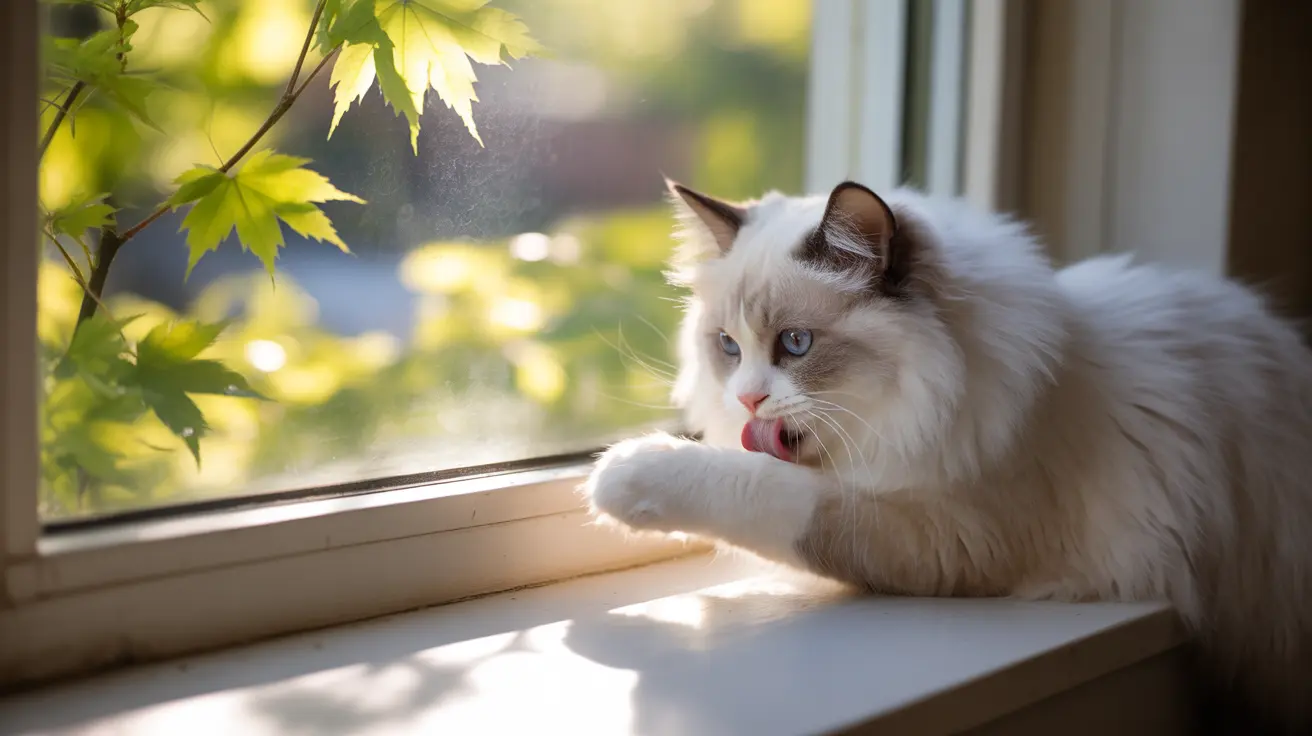 Fluffy white and cream Ragdoll cat sitting on a windowsill licking its paw in soft sunlight