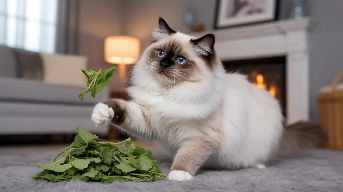 A fluffy Ragdoll cat playfully swatting at fresh green herb leaves in a cozy living room setting