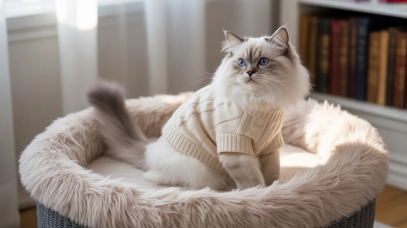 A fluffy white Ragdoll cat wearing a beige knit sweater, sitting elegantly in a soft, furry pet bed