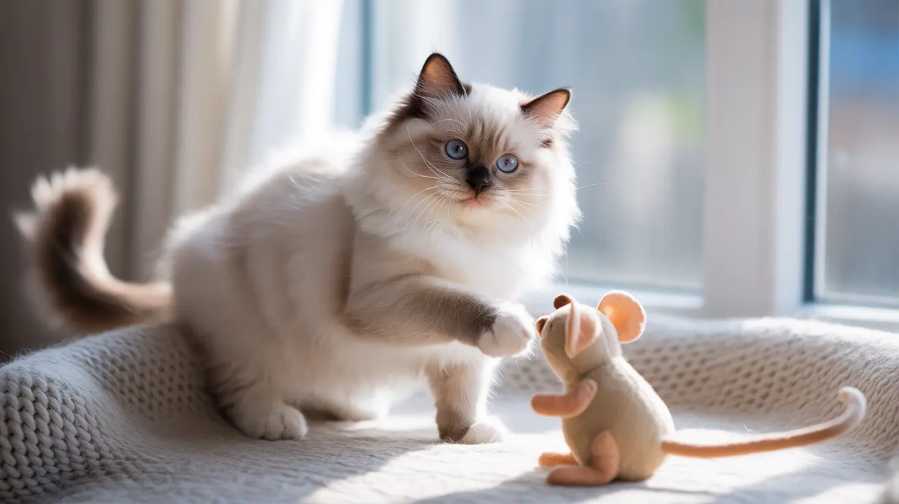 A fluffy white Ragdoll cat interacting with a small toy mouse near a bright window
