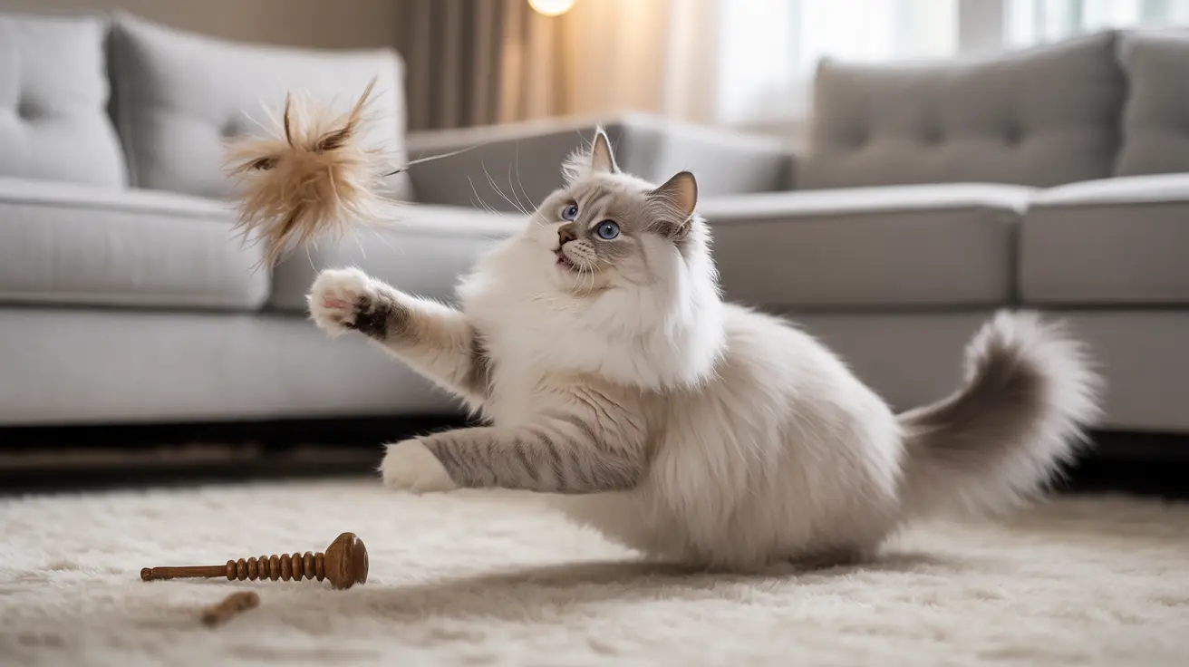 Un gato Ragdoll esponjoso y blanco juega con un juguete para gatos sobre una alfombra suave en una sala de estar moderna.