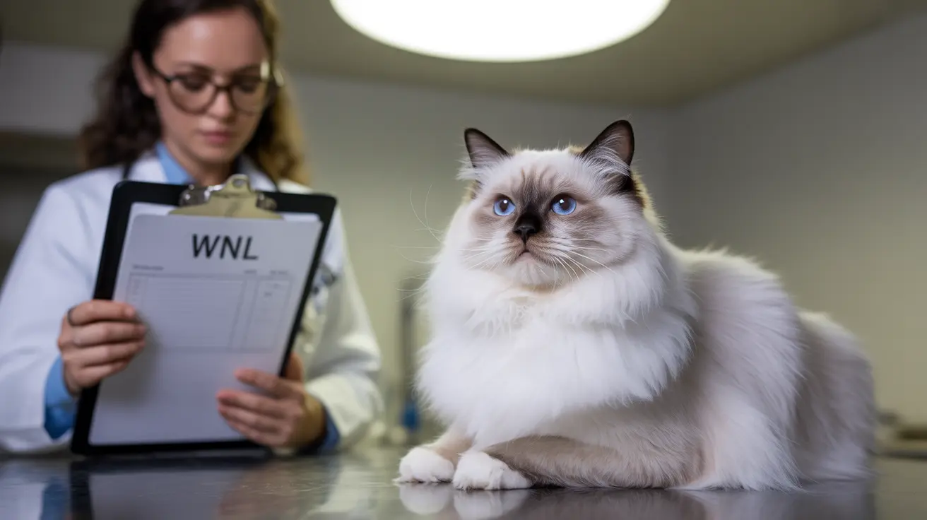 A fluffy white Ragdoll cat sitting on a reflective surface during a veterinary examination