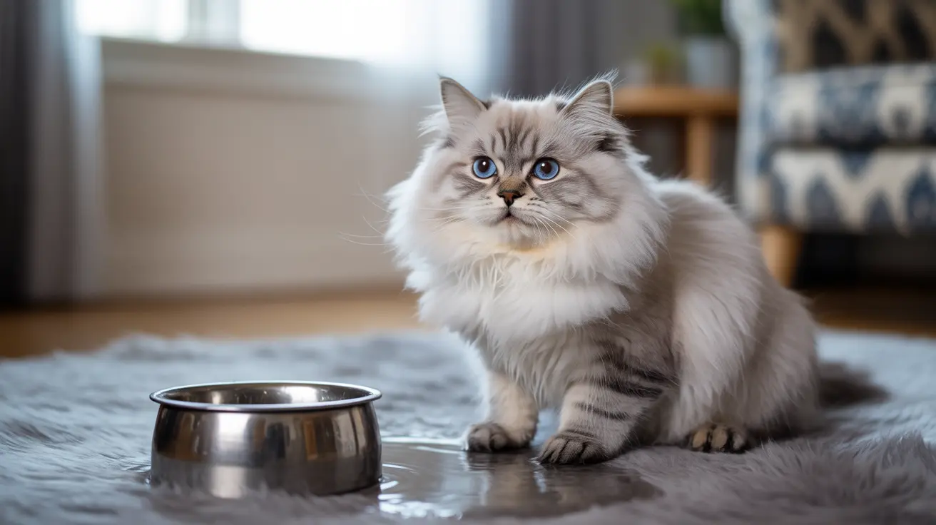 A fluffy Ragdoll cat sitting next to a metal water bowl on a soft gray rug indoors