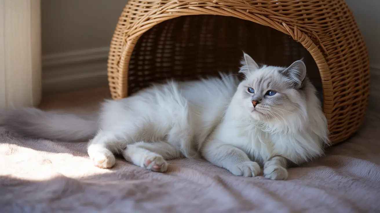 A fluffy white Ragdoll cat resting elegantly near a woven wicker basket