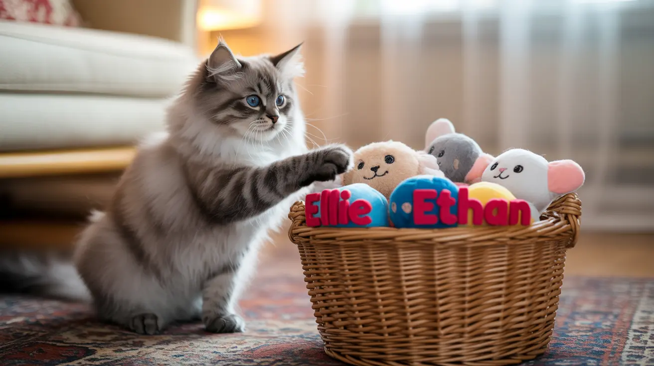 A fluffy Ragdoll cat sitting next to a wicker basket filled with plush toys and name blocks