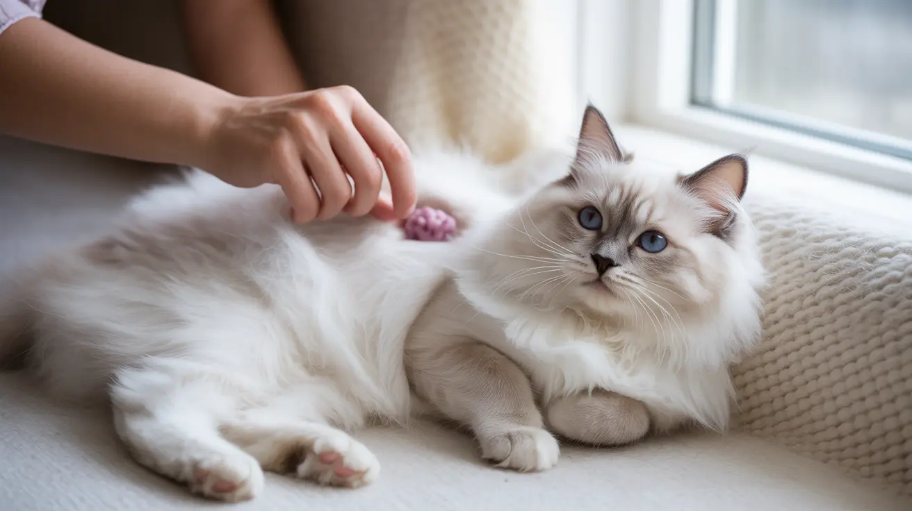 A fluffy white Ragdoll cat being gently petted near a window