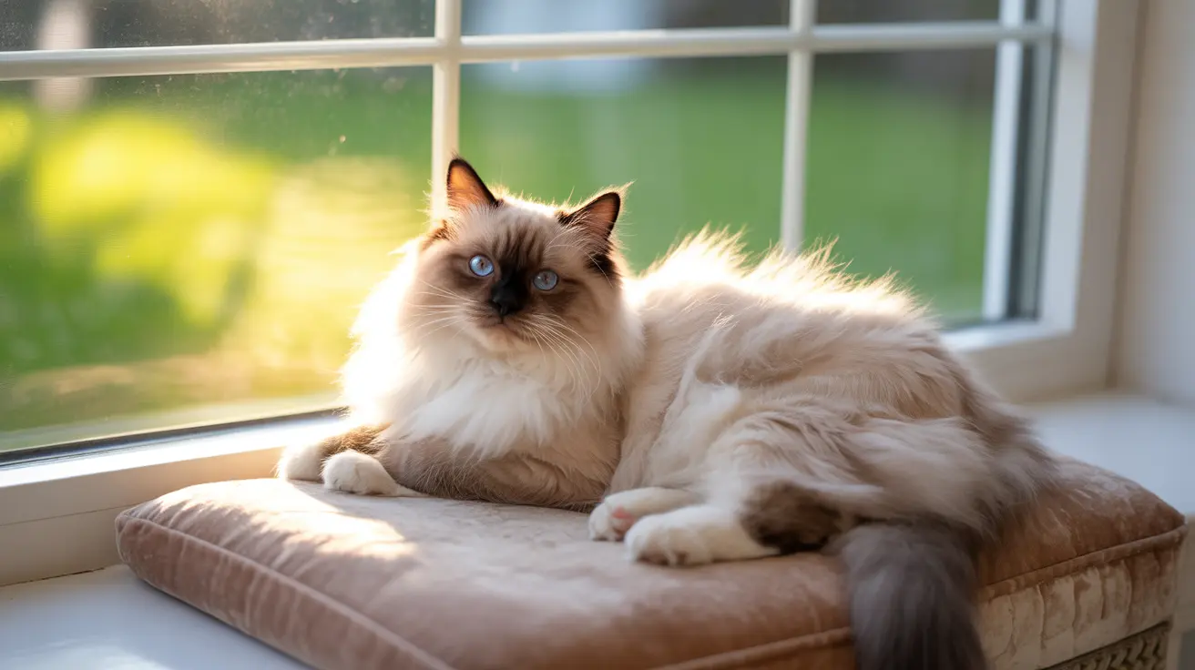 A fluffy Ragdoll cat with piercing blue eyes sitting serenely on a cushioned window seat in soft, warm sunlight