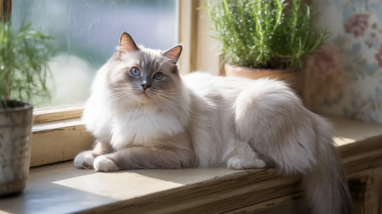 Fluffy white and light gray ragdoll cat resting peacefully on a wooden windowsill