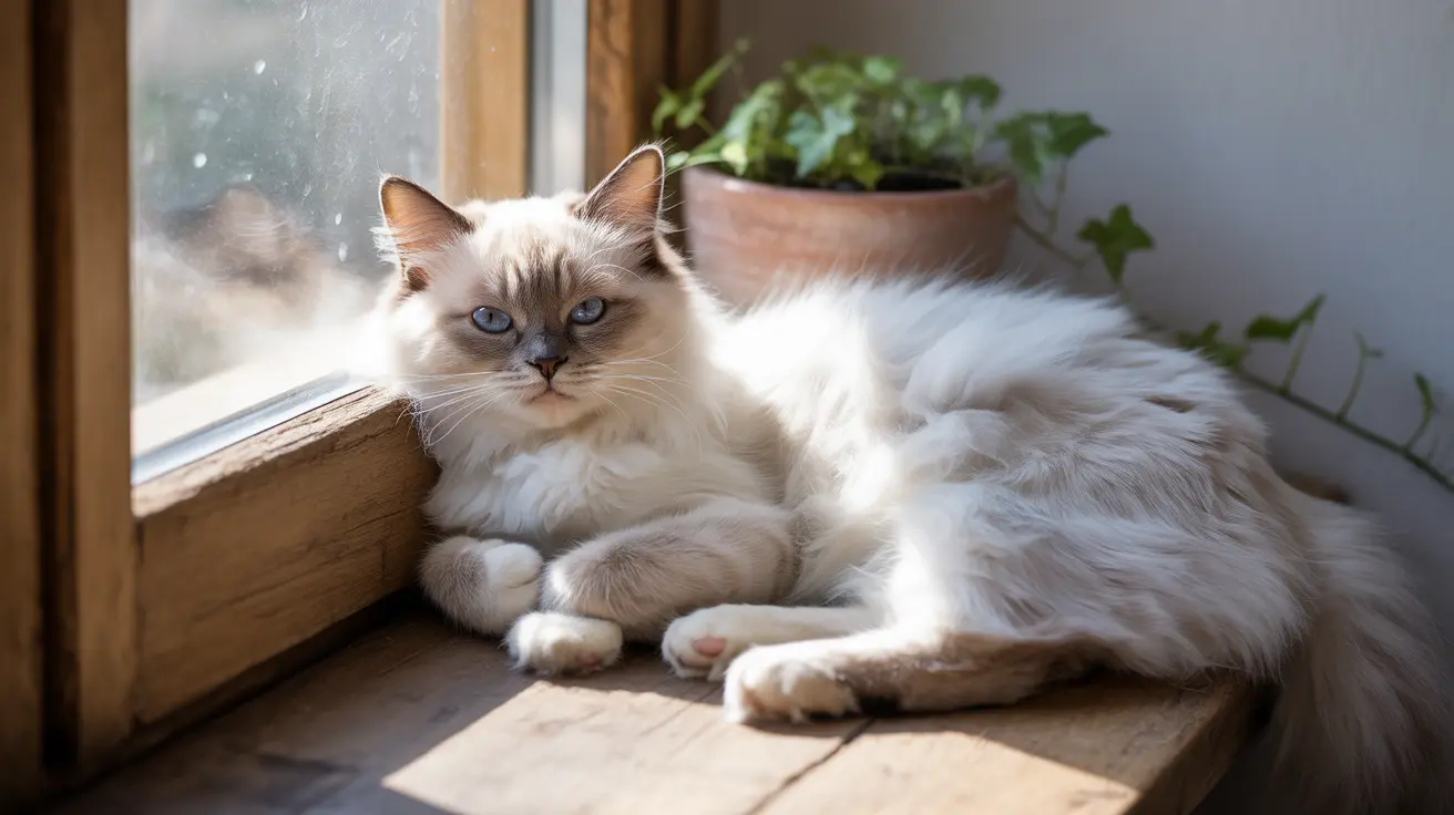 A fluffy white and cream Ragdoll cat sitting on a wooden windowsill next to a potted plant