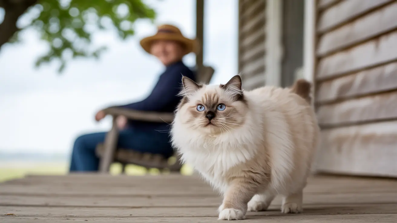 A fluffy cream and white Ragdoll cat sitting on a wooden porch with a blurred figure in a straw hat in the background