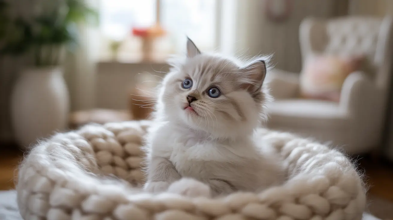 Fluffy Ragdoll kitten with blue eyes sitting in a chunky knit blanket indoors
