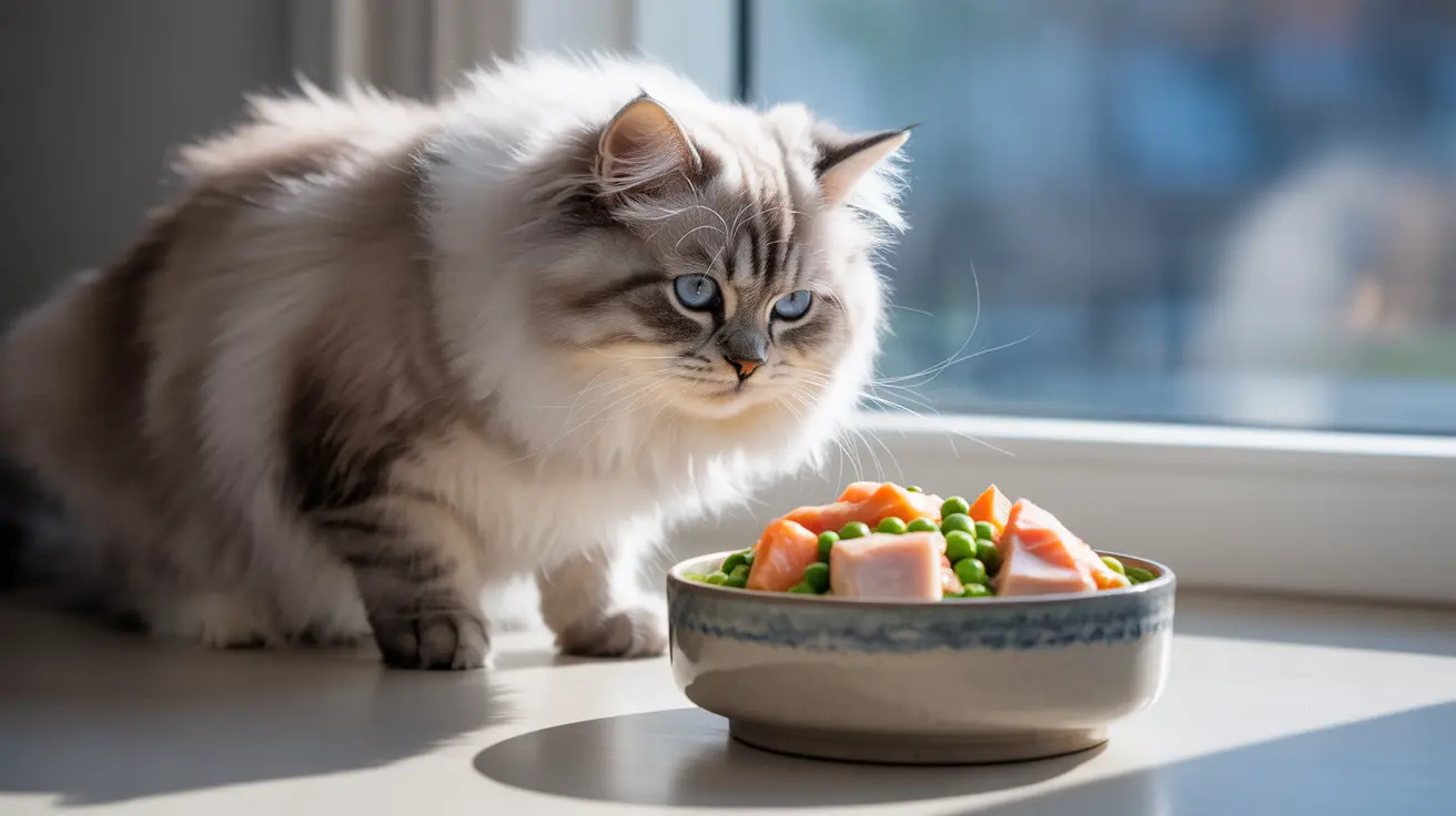 Fluffy Ragdoll kitten with blue eyes sitting beside a bowl of colorful food on a windowsill