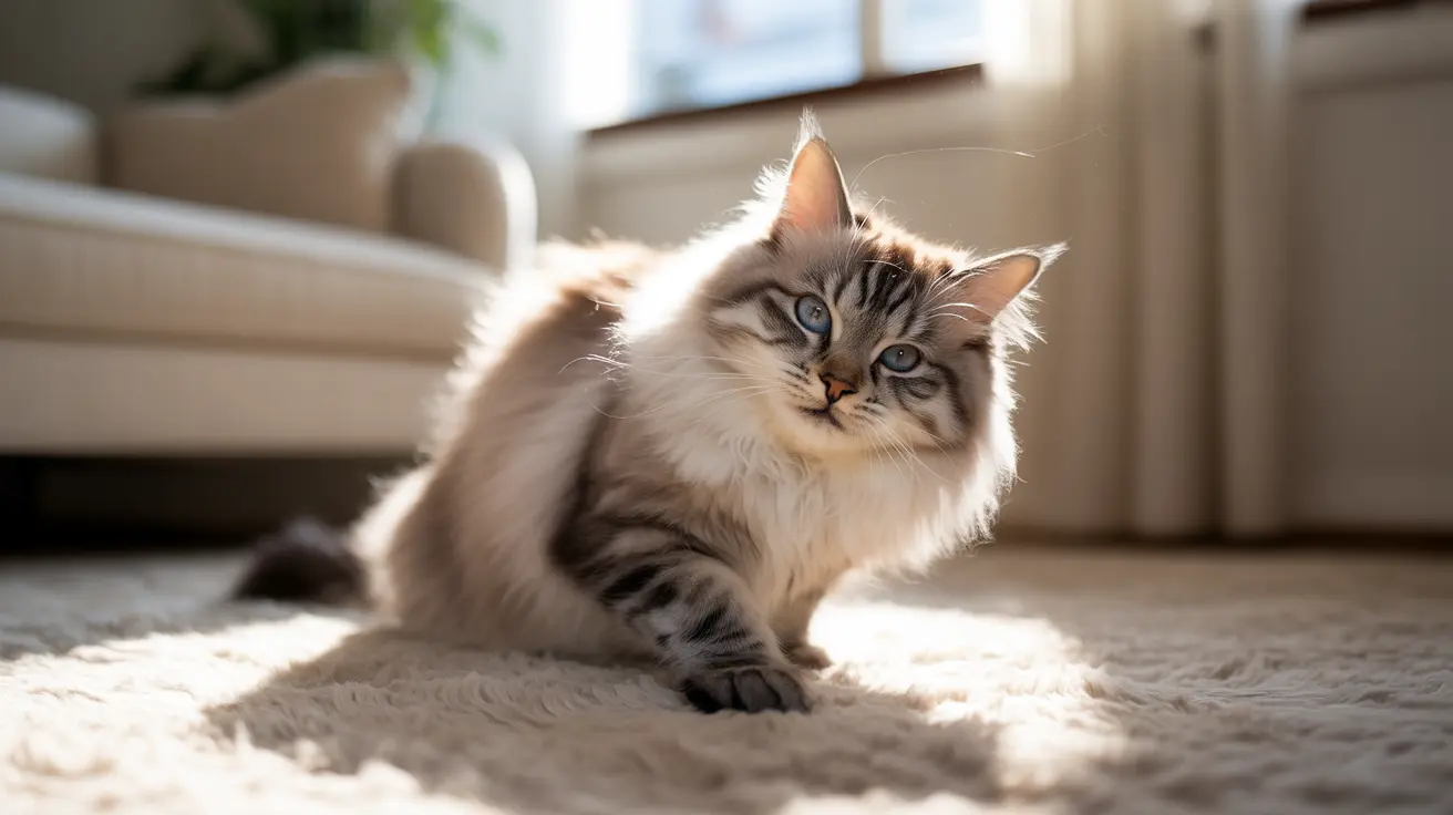 Fluffy Ragdoll kitten with blue eyes sitting on a soft rug in a bright living room with sunlight