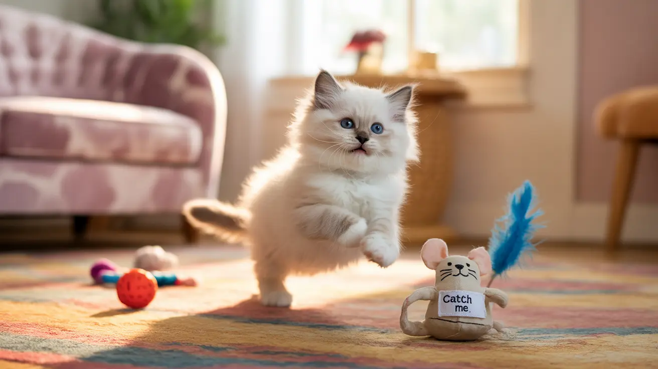 A fluffy white Ragdoll kitten playing on a colorful rug with cat toys