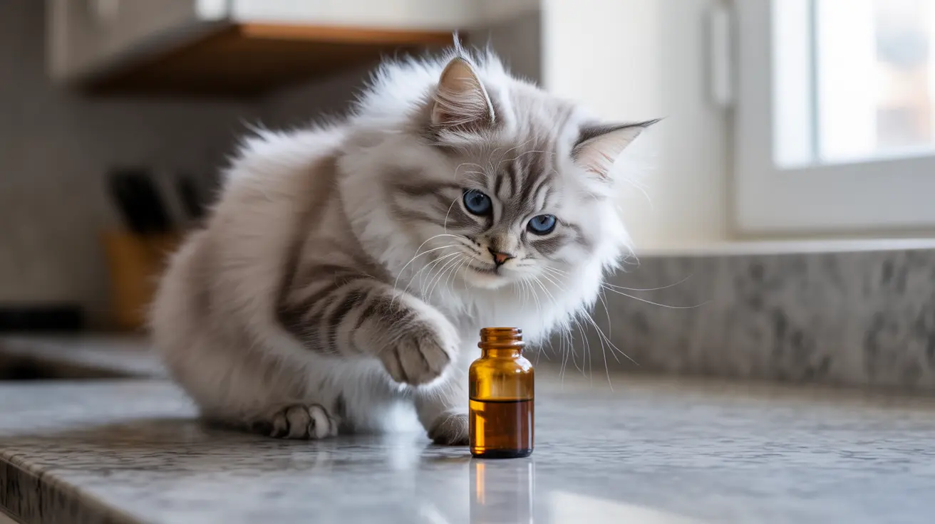 Fluffy Ragdoll kitten with blue eyes reaching toward an amber glass bottle on a kitchen counter
