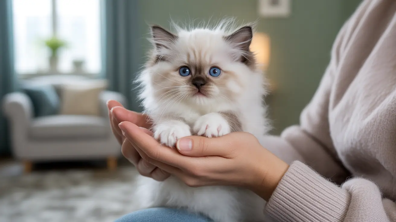 A fluffy white and gray Ragdoll kitten with striking blue eyes being gently held in a human's hand