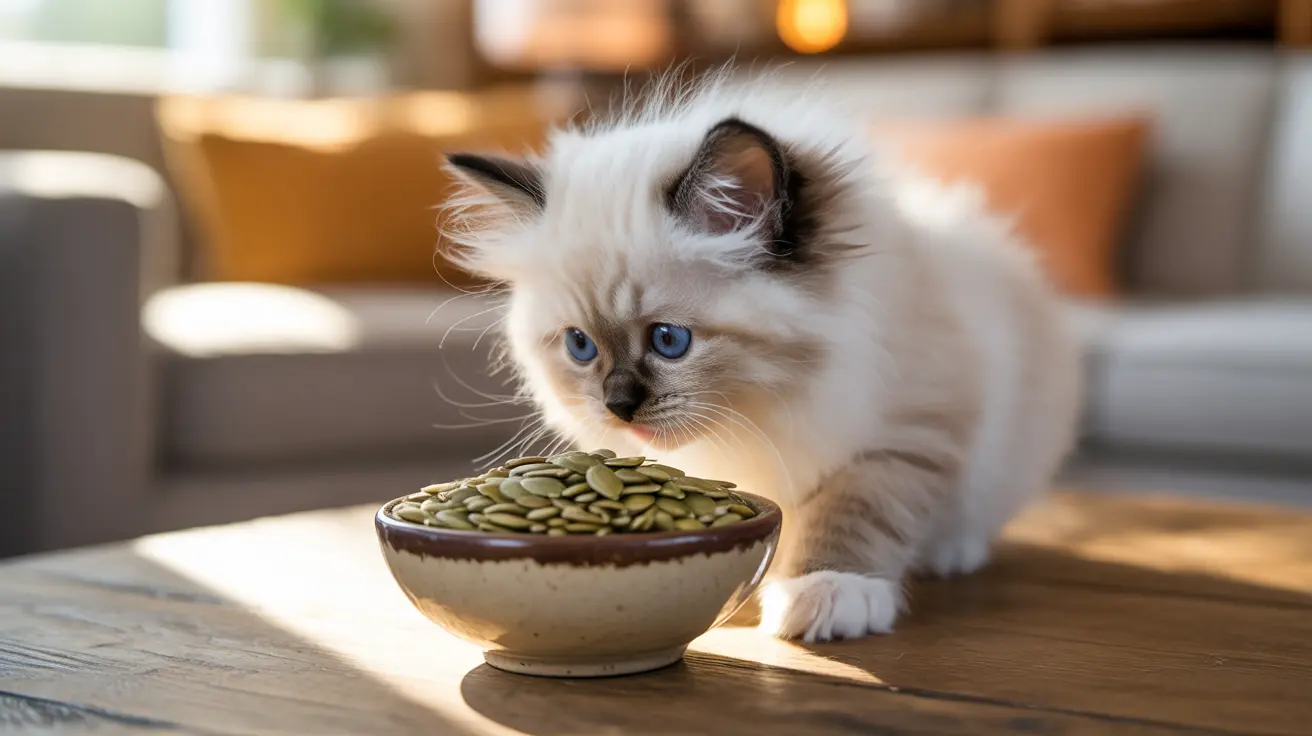 Fluffy white Ragdoll kitten sitting near a bowl of green seeds in a sunlit room