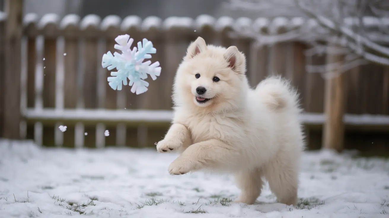 A fluffy white Samoyed puppy playing in the snow with a large decorative snowflake
