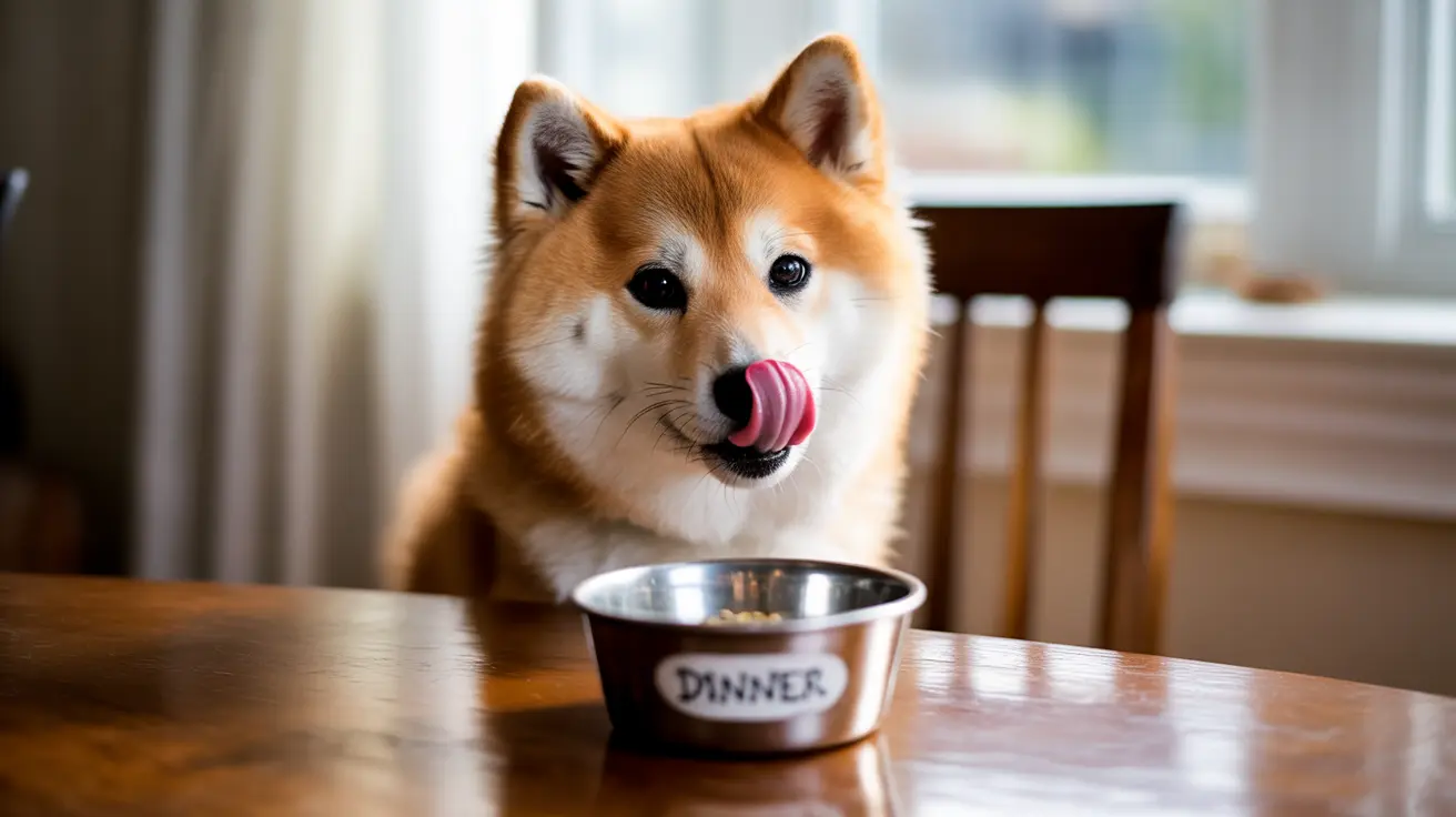 A fluffy Shiba Inu sitting at a table with a dinner bowl, licking its lips in anticipation of food