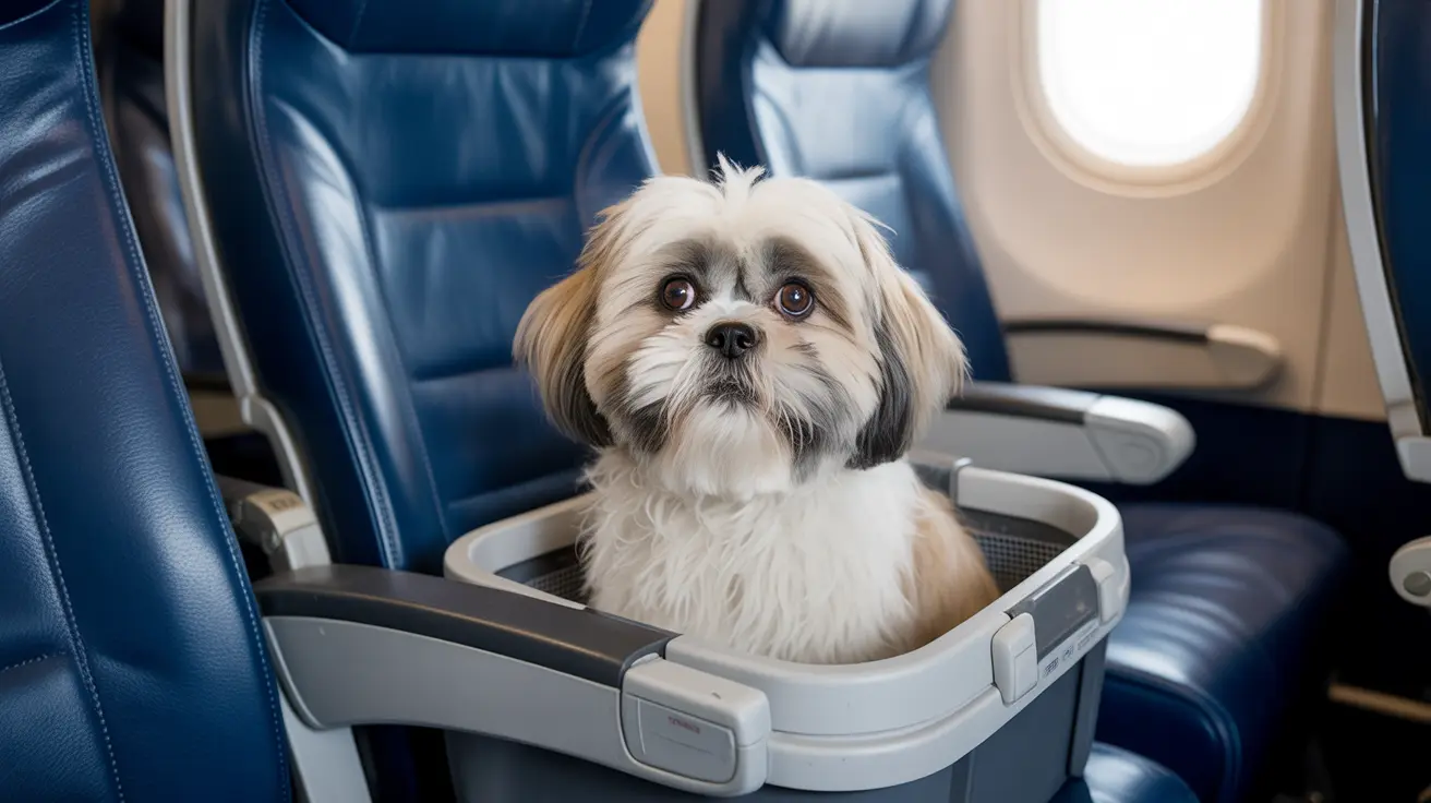 Un Shih Tzu esponjoso de color blanco y canela sentado en un transportín en un asiento de avión.