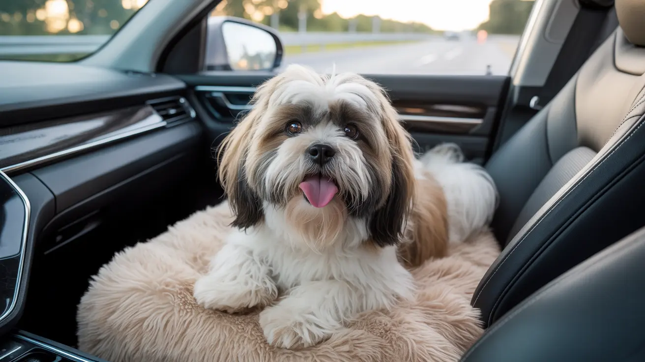 A fluffy Shih Tzu sitting comfortably on a soft beige cushion inside a modern car.