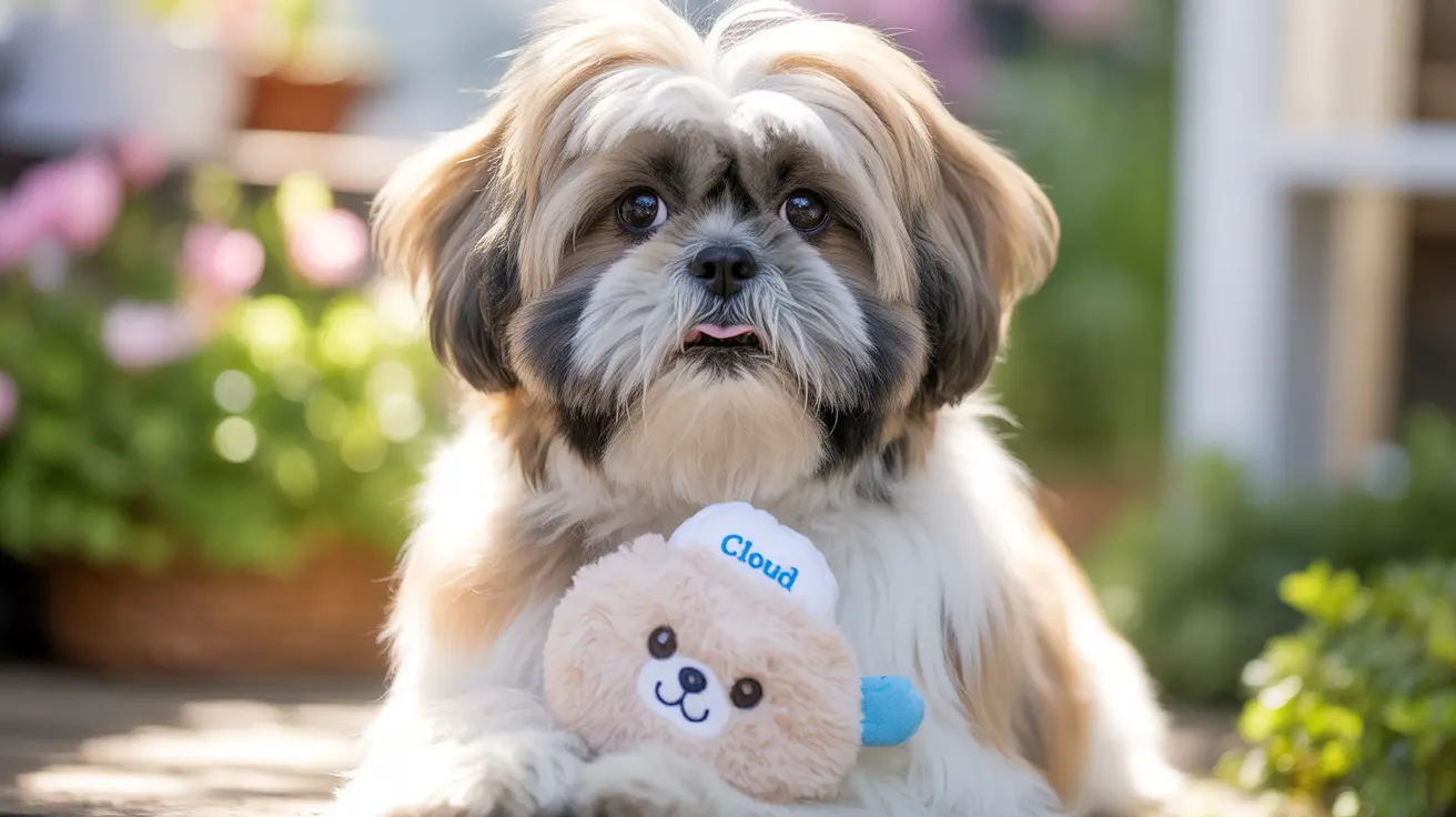 A fluffy Shih Tzu sitting outdoors with a soft plush toy labeled 'Cloud'