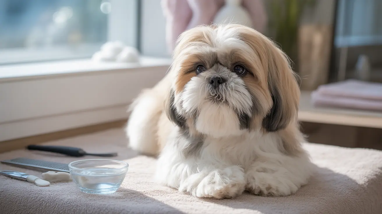 A fluffy Shih Tzu dog on a beige rug with grooming tools nearby