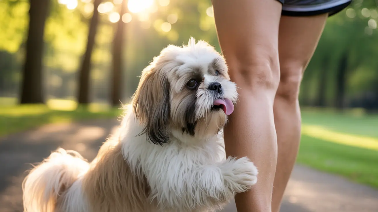 Un perro Shih Tzu esponjoso de pie junto a la pierna de una persona durante un paseo en un parque iluminado por el sol.