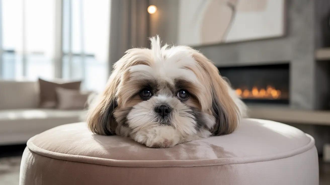 A fluffy Shih Tzu dog resting comfortably on a light-colored ottoman in a modern living room