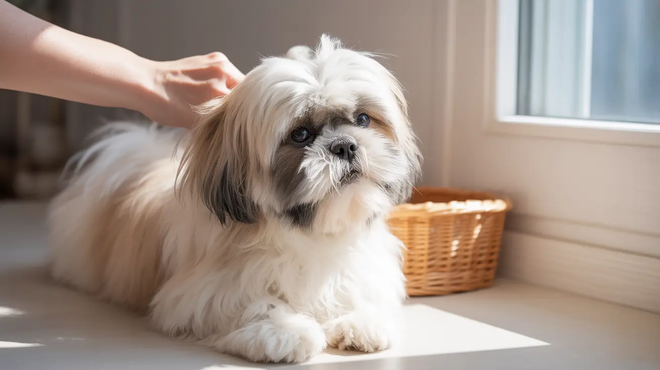 Un Shih Tzu esponjoso de color blanco y gris está sentado cerca de una ventana mientras una mano acaricia suavemente su cabeza