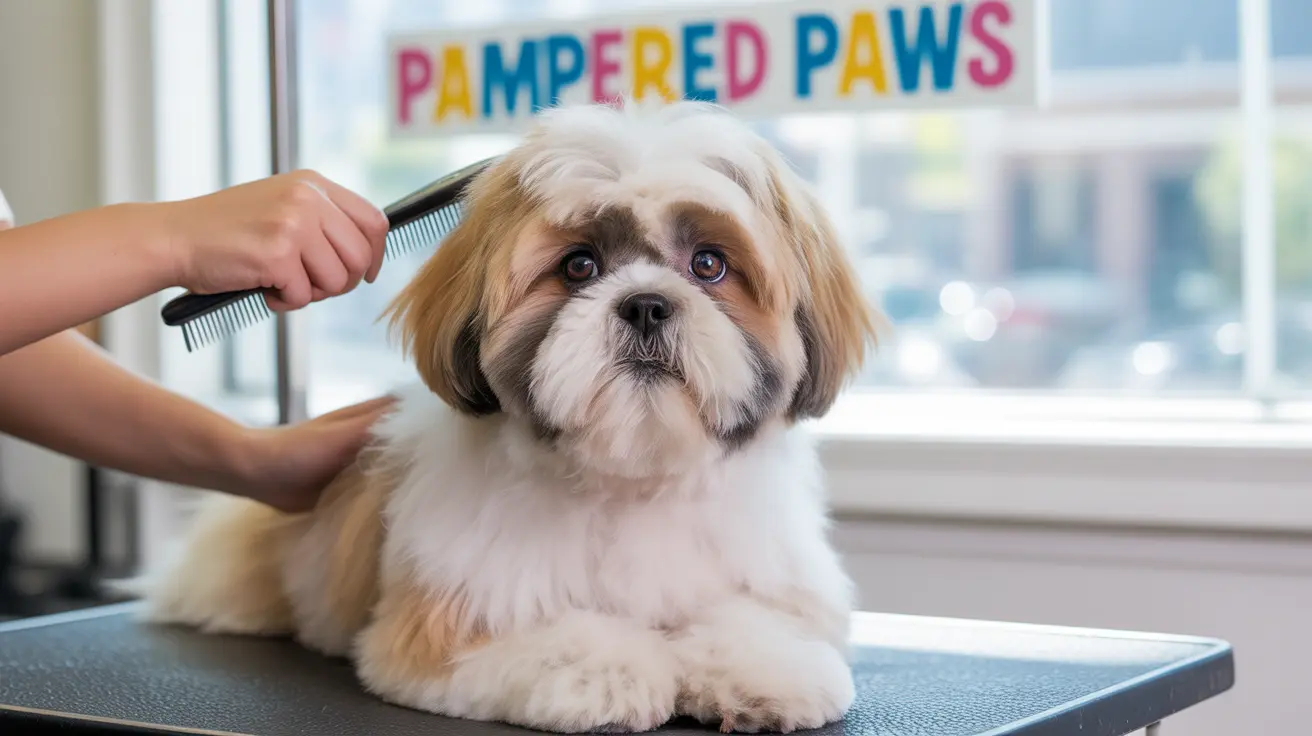 A fluffy Shih Tzu dog being groomed at a pet salon called Pampered Paws