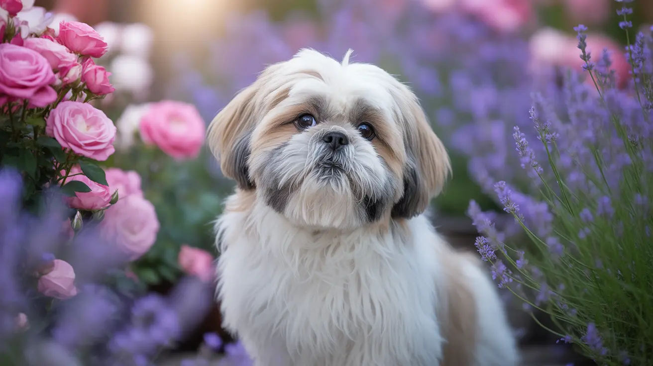ピンクのバラと紫のラベンダーの花の中で落ち着いて座っているもこもこのシーズー犬