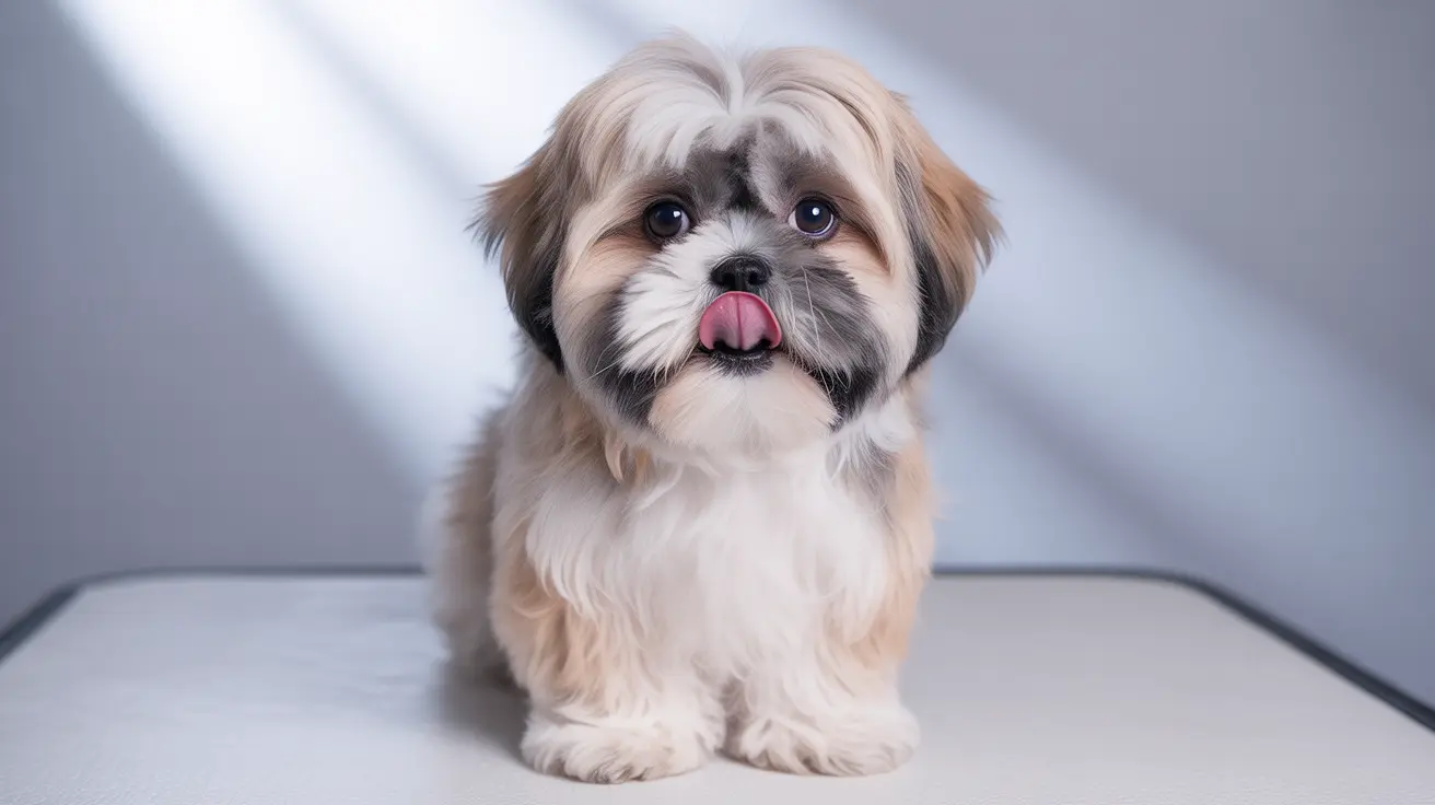 A fluffy Shih Tzu puppy sitting upright with a playful tongue out