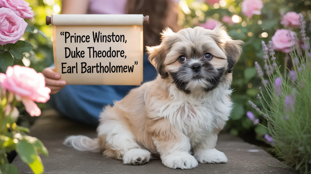 A fluffy Shih Tzu puppy sitting next to a sign with multiple regal-sounding names