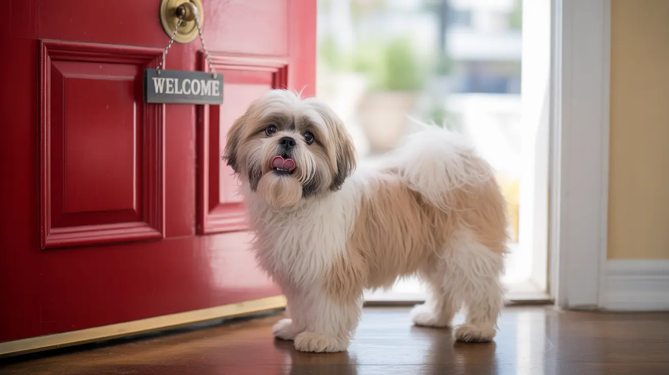 Un Shih Tzu duveteux debout près d'une porte rouge avec un panneau 'Bienvenue'