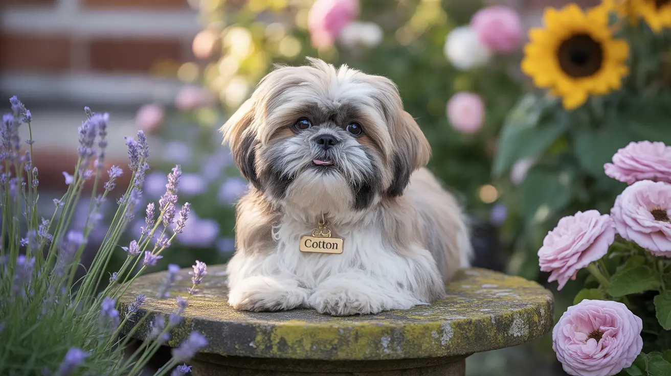 A fluffy Shih Tzu dog sitting on a mossy stone pedestal surrounded by lavender and pink roses with a sunflower in the background