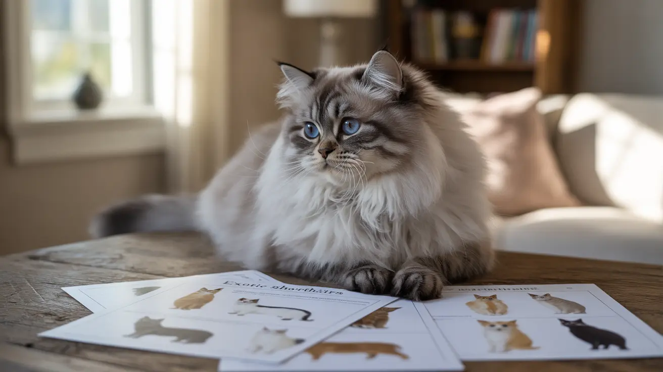 A fluffy Siberian cat with piercing blue eyes sitting on a wooden surface next to cat breed identification sheets