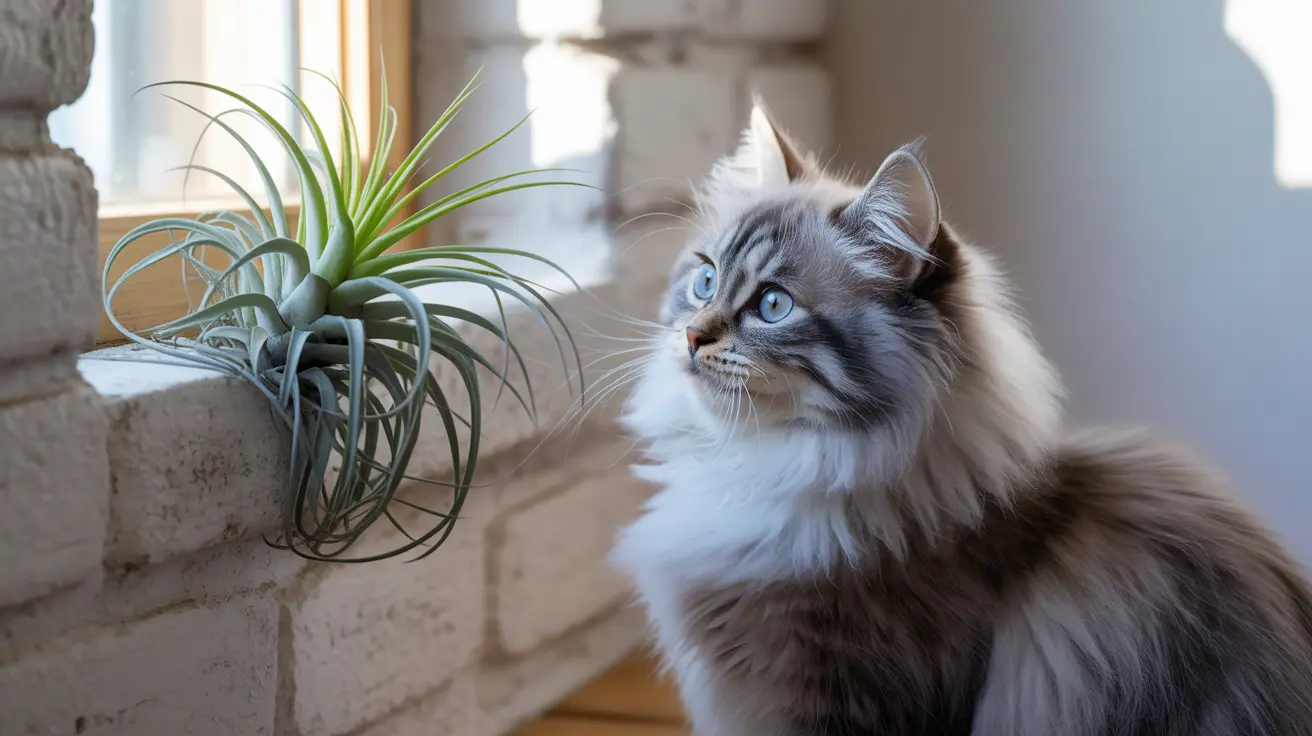 A fluffy Siberian cat with striking blue eyes sitting near a Tillandsia air plant by a window