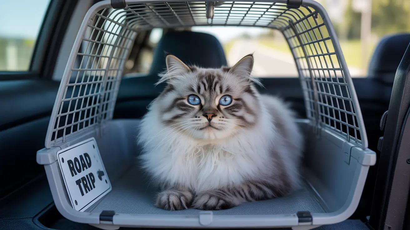 A fluffy Siberian cat with striking blue eyes sitting inside a pet carrier with a 'Road Trip' sign
