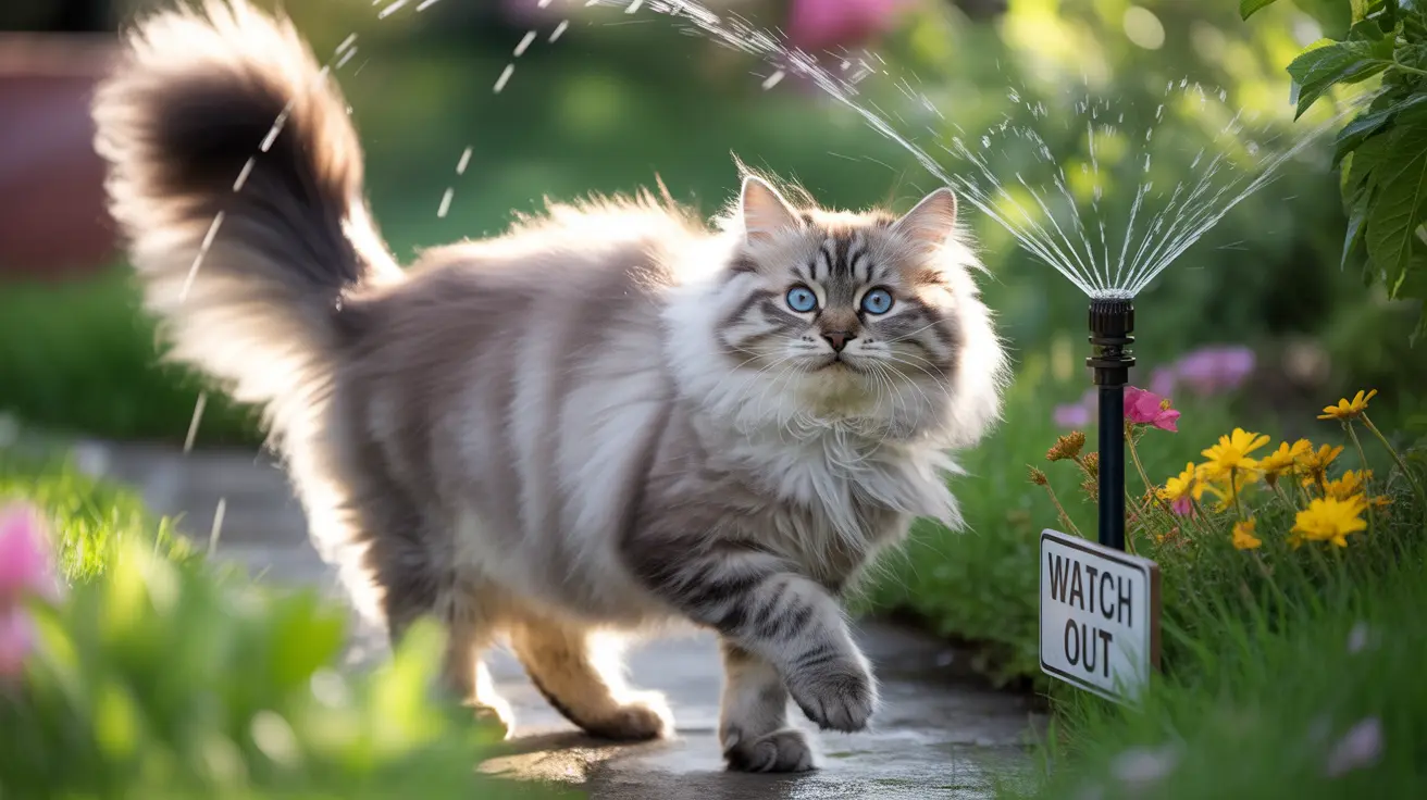 A fluffy Siberian cat with striking blue eyes walking near a sprinkler in a garden setting
