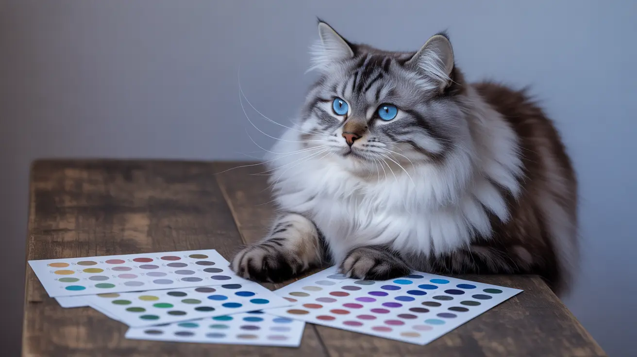 A fluffy Siberian cat with striking blue eyes sitting near color palette sheets on a wooden surface